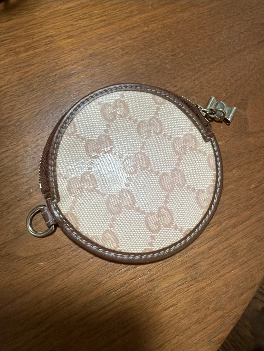 Gucci Beige and Brown Round GG Coin Pouch with Gold-Tone Hardware